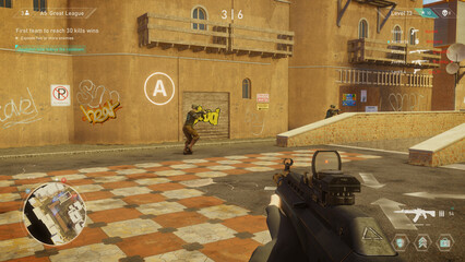 Video Game Mock-up Concept: Game play 3D Shooter Online Multiplayer Battle. Fun FPS for Pro Gamers. POV Person Playing, Shooting Enemies, Scoring Kills. Online Tournament Cyber Championship © Gorodenkoff