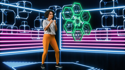 Virtual Reality Female Boxer Video Game. In Metaverse Fit Black Woman Fight Against AI, Scoring Points, Virtual Training, Fitness, Exercise, Workout. 3D VFX Graphics, Animation