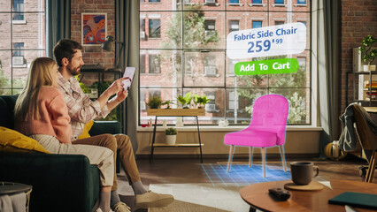 Decorating Apartment: Couple Holding Digital Tablet Computer, using Augmented Reality Interior Design Software Chooses 3D Furniture for Home. Pick a Stylish Chair for the Living Room. Side View