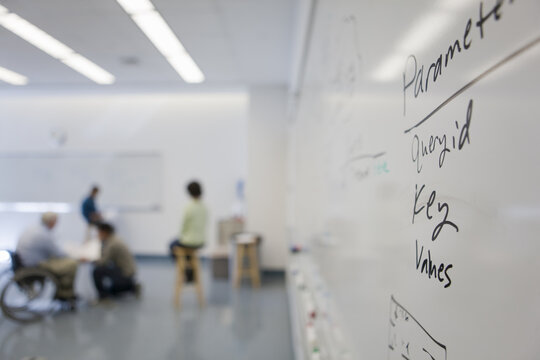 Text written on a whiteboard of a classroom with Professor with Muscular Dystrophy in background