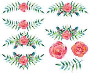 Set of floral watercolor elements for wedding invitations, birthday cards, logos, menus, 600 dpi PNG with transparent background
