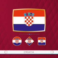 Naklejka premium Set of Croatia flags with gold frame for use at sporting events on a burgundy abstract background.