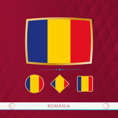 Set of Romania flags with gold frame for use at sporting events on a burgundy abstract background.