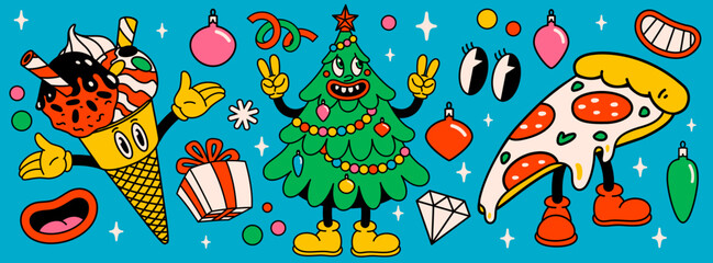 Merry Christmas and Happy New year pack of trendy retro cartoon characters. Groovy hippie Christmas stickers with Christmas tree, pizza slice, ice cream and winter objects. Vector Cartoon characters