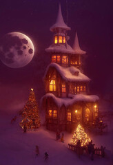 Beautiful medieval castle with lights in the windows, Christmas trees, winter night, full moon in the sky, AI generated image