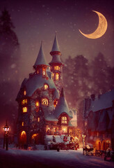 Fototapeta premium Beautiful medieval castle with lights in the windows, winter night, snowfall, crescent in the sky, AI generated image