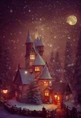 Fairy tale night winter scene with a beautiful medieval castle, snowfall and the moon in the sky, AI generated image