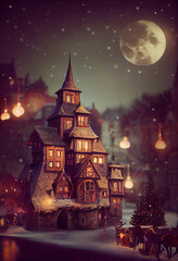 Fototapeta na wymiar Beautiful old mansion, night winter scene with snow and the full moon, AI generated image