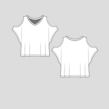 Cold shoulder Crop top V Neck Kimono Open Shoulder knot hem cropped fashion flat sketch technical drawing template Design