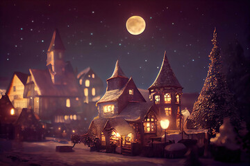 Fototapeta na wymiar Beautiful little old town, night winter scene, snow, full moon in the sky, AI generated image
