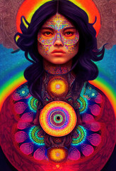 Psychedelic Art Beautiful Mexican Woman. Generative AI - obrazy, fototapety, plakaty