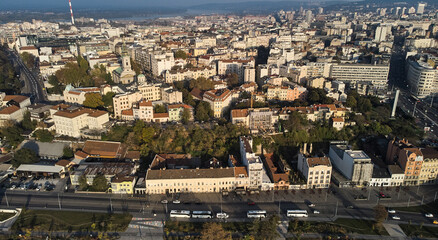 Fototapeta na wymiar Ancient city houses in Belgrade aerial view. Densely populated urban area with houses landscape. High quality photo