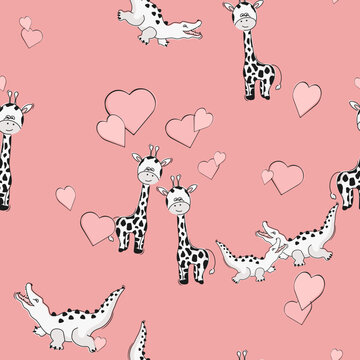 Animal seamless pattern. Giraffe, alligator, crocodile and heart. Graphic design for children. Prints, packaging template, textiles, bedding and wallpaper.