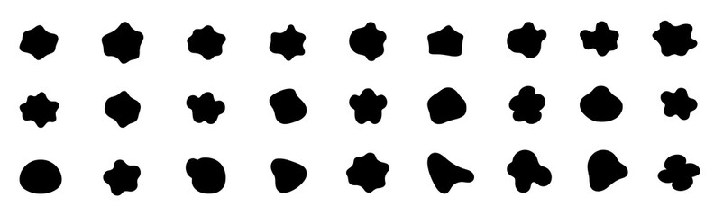 Isolated collection of black blob blot shapes, organic irregular silhouettes.
