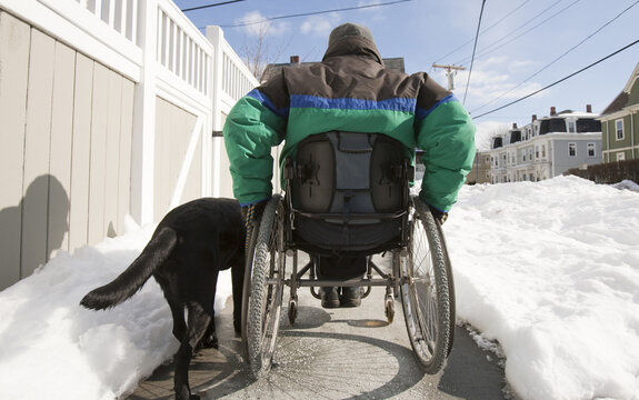 Woman with multiple sclerosis in a wheelchair with a service dog going up snowy street