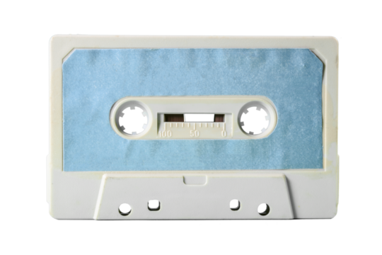 Isolated old vintage cassette tape, obsolete music tech from the 1980s. Dirty ice grey plastic body, cyan blue worn label.
