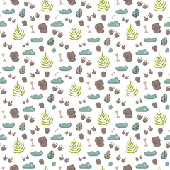 Dinosaur seamless pattern footprint tracks. Minimal color background with paw, stones, rainbow. Dinosaur footprint seamless pattern perfect for textile, wrap and wallpaper and design.