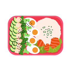 Bento with rice, eggs, salmon, cucumber, broccoli and tofu. Japanese take-out dish.