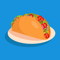 Taco with meat, tomatoes and onions. Traditional Mexican food on blue background.