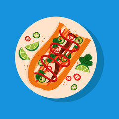 Vietnamese roll or sandwich. Banh mi isolated on blue background.