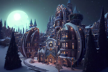 Futuristic fantasy town in winter at night, AI generated image