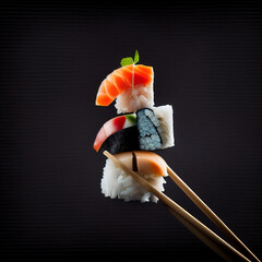 pieces of sushi with chopsticks, generative ai