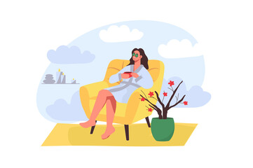 Spa salon concept in flat design. Happy woman in bathrobe relaxing in cozy armchair and drinking herbal tea, enjoying beauty and body care treatments. Illustration with people scene for web