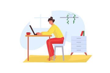Freelance worker concept in flat design. Happy woman working on laptop while sitting at table at home. Freelancer performs tasks and communicates online. Illustration with people scene for web