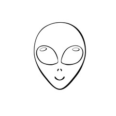 Vector outline alien head with big eyes in Doodle style. Simple illustration, clip art on theme of UFO, space, kids design. Black contour isolated on white background