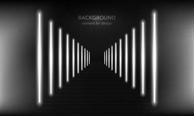 Naklejka premium Podium, road, pedestal or platform with neon luminous rays on black and white background. Stage with scenic lights. Abstract neon background. Neon magic lights line. Motion shine blue. Vector.