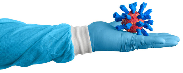 COVID vaccine vial for prevention, doctor hand with virus molecule