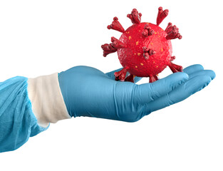 Doctor hand in sterile gloves with corona virus molecule
