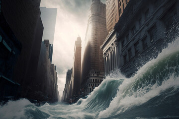 Generative AI illustration of tsunami flooding a city - obrazy, fototapety, plakaty