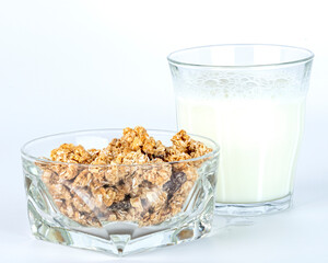 Glass of milk and a bowl of granola