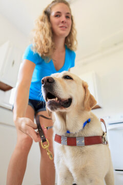 Woman with visual impairment hooking the leash on her service dog