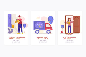 Delivery concept onboarding screens. Fast shipping, courier holding parcels and client receiving orders. Modern UI, UX, GUI user interface kit with people scene for web design.