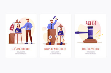 Auction concept onboarding screens. Auctioneer present selling artwork, buyers bidding and buy painting lot. Modern UI, UX, GUI user interface kit with people scene for web design.