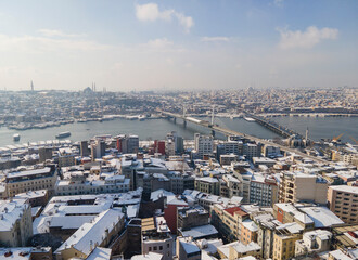 Fototapeta premium Galata Tower in the Winter Season Drone Photo, Galata Beyoglu, Istanbul Turkey