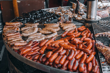 Grilled sausage on street market.