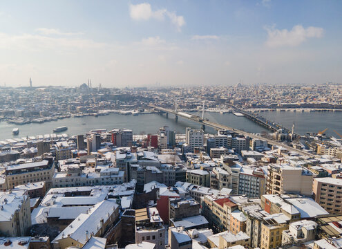 Galata Tower in the Winter Season Drone Photo, Galata Beyoglu, Istanbul Turkey
