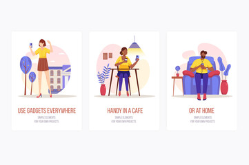 Fototapeta premium People using gadgets concept onboarding screens. Women take selfie or browse, man listen to music on phone. Modern UI, UX, GUI user interface kit with people scene for web design.