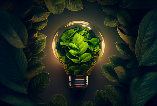 Green Energy Light Bulb With Leaves Composition On Green Background