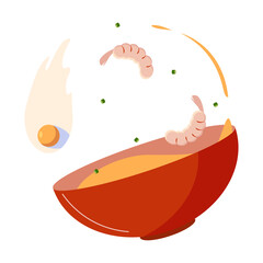 bowl with soup, shrimp and egg, vector illustration