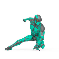 super hero is doing a comic action pose in an exosuit