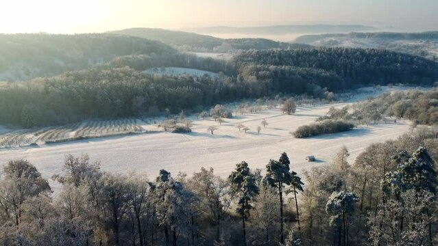 Aerial footage of flight over trees and snowy winter landscape in Southern Germany