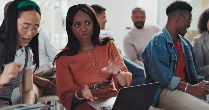 Collaboration, seminar and conference with a business team in a meeting for coaching or development. Training, workshop and talking with a female employee and colleague in the audience or crowd