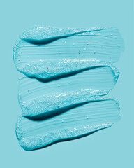 set of blue scrub swatches, cosmetic textures, skincare product smear, body peeling, face wash