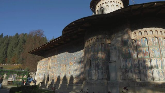 Voronet famous painted monastery, historical and cultural touristic attraction in Romania