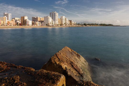 View of the city of Vinaros from the Fort&iacute; breakwater.