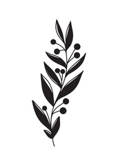 Branch with leaves and berries in black isolated on white background. Hand drawn vector silhouette illustration in modern trendy simple doodle outline style. Floral trendy design, print.